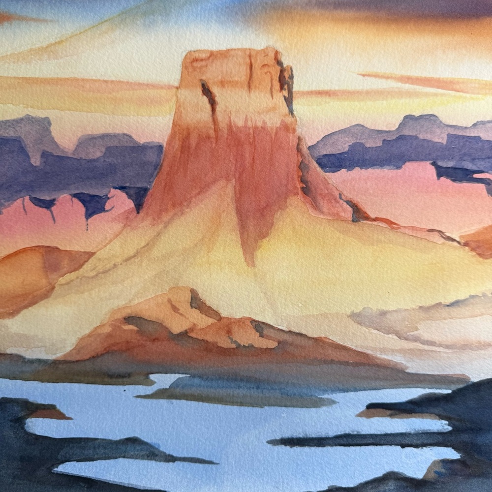 Sunset Mountain Watercolor Art Painting Desert